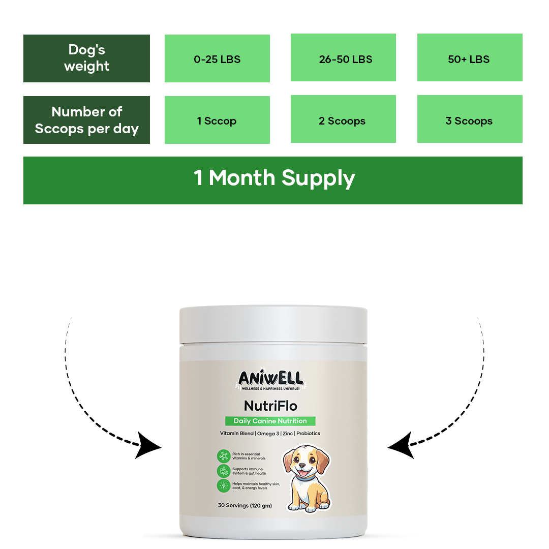 NutriFlo: Dog Vitamins & Supplements - 10-in-1 Multivitamin Powder, Premium Supplement for Dental Health, Longevity, Hip & Joint, Gut Health, Allergies, Immune Support, Skin & Coat.