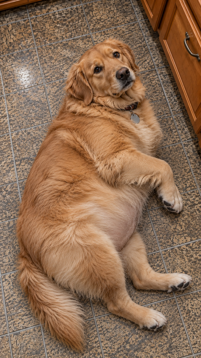 Chubby golden retriever lying on a kitchen floor