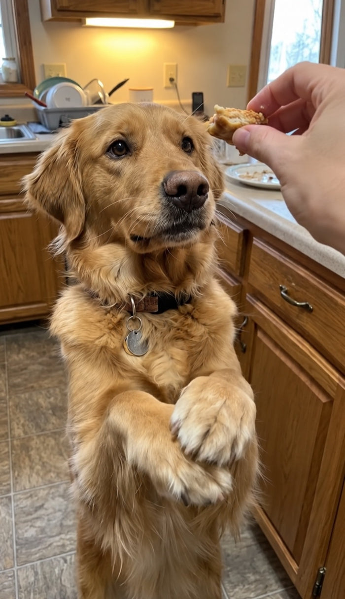 Golden retriever standing up for a treat