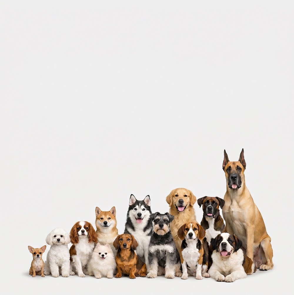 Dogs of every size, from a Chihuahua to a Great Dane, sitting together